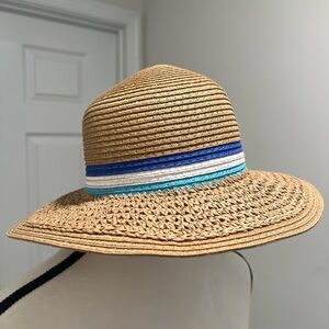 Tan Straw Hat with Blue and White Stripes